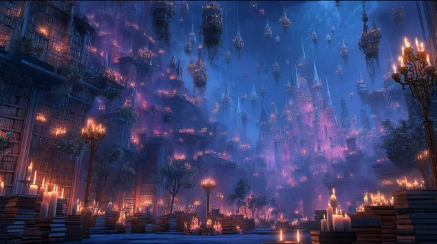 Ταπετσαρία Η Ακρόπολη της Βιβλιοθήκης Grand Fantasy φωτίζεται από το μαγικό φως των κεριών 2K