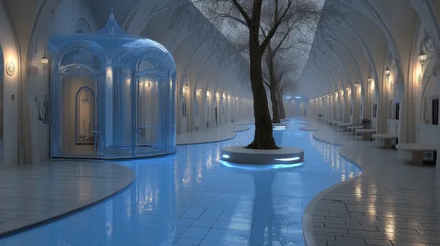salla e madhe me rruge ujore te ndricuar, dizajn i brendshem futurist shkarkim