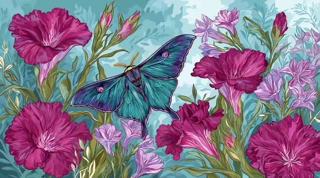 Tapeta Můra Grand Luna a velké bezešvé vzory s divokými květinami 2K