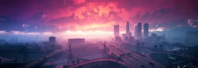 Grand Theft Auto V: Stadtpanorama bei Sonnenuntergang