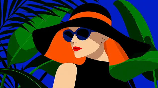 帽子とサングラスをかけたスタイリッシュな女性のグラフィックアート 2K 壁紙