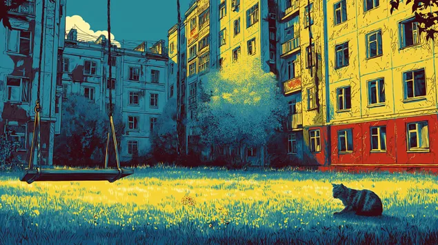 grafik illustrasyon: sovyet bahcesinde salincakta sallanan kedi indir