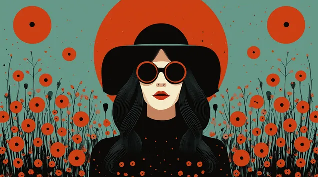 花畑の中の女性のグラフィックイラスト 2K 壁紙