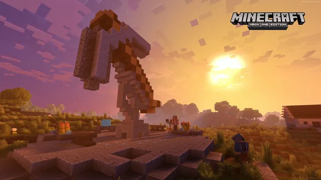 Grafische weergave van de virtuele wereld getekend met de zon en de lucht van de Microsoft Minecraft-videogame download