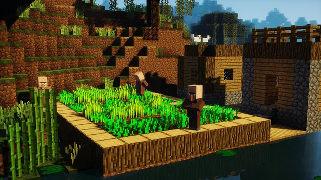 grafisk visning av bygninger og gronne omrader i microsoft minecraft-videospillet nedlasting