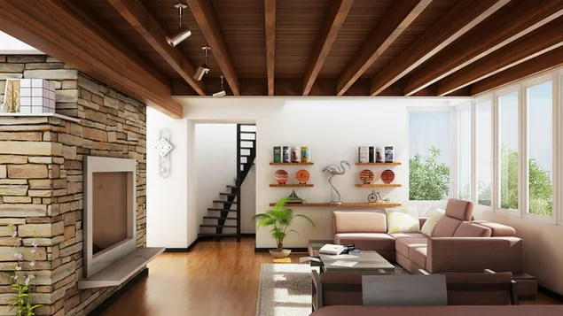 Tapeta Šedý a ružový dizajn interiéru obývacej izby s krbom 4K