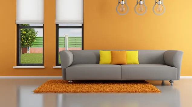 Sofá de tela gris, pared pintada de naranja 4K fondo de pantalla