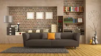회색 소파 바닥 나무와 돌 벽 무늬 방 4K 배경화면