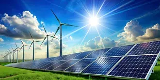 Rüzgar Türbinleri, Güneş Paneli ve Açık Mavi Gökyüzü ve Hafif Bulutlarla Yeşil Enerji Konsepti 4K duvar kağıdı
