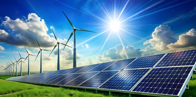 קונספט אנרגיה ירוקה עם טורבינות רוח, פאנל סולארי ושמים כחולים צלולים עם עננים בהירים 4K טפט