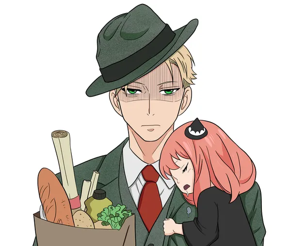 Green-eyed man and pink-haired girl in hat from Spy x family comics series 4K wallpaper