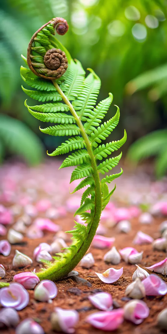 Tapeta Zelená papraď na jar obklopená ružovými okvetnými lístkami 2K