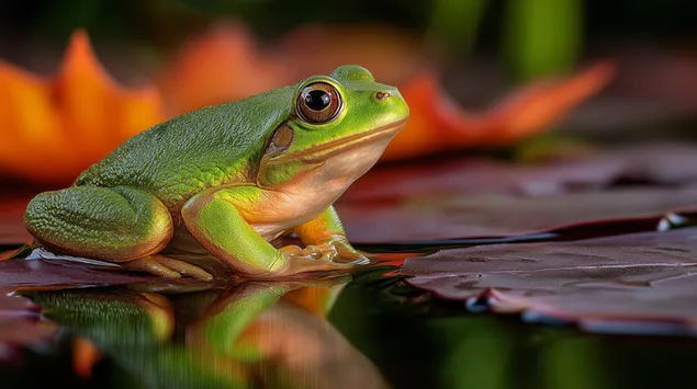 물가의 수련 위에 앉아 있는 녹색 개구리 2K 배경화면