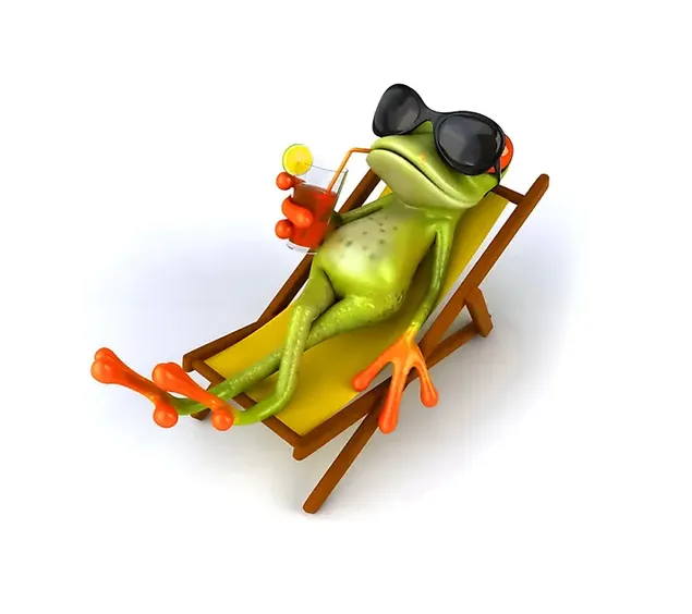 Green funny frog sipping drink on sunbed download