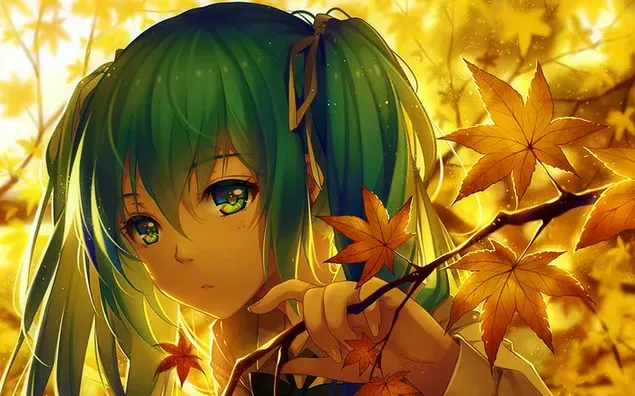 Das grünhaarige Anime-Mädchen Hatsune Miku vor Herbstlaub 4K Hintergrundbild
