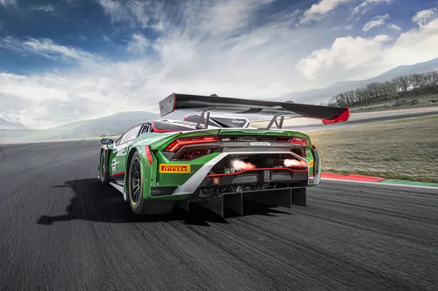 Green Lamborghini GT3 tail view 4K wallpaper