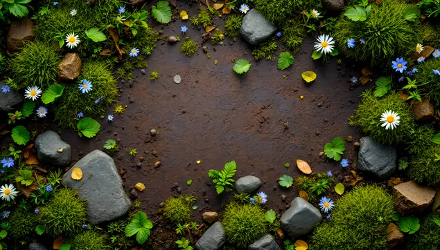zeleniy mokh, kaminnya, pol'ovi kviti - tekstura prirodnoyi zemli zavantazhiti