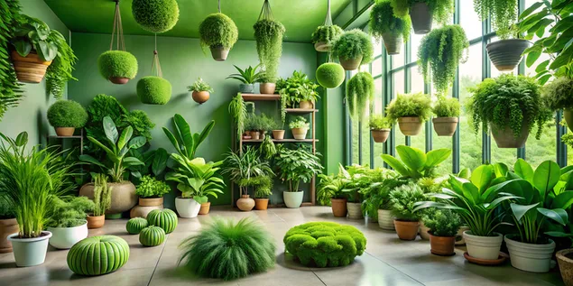 Visuel de verdure d'une pièce remplie de plantes luxuriantes 4K fond d'écran