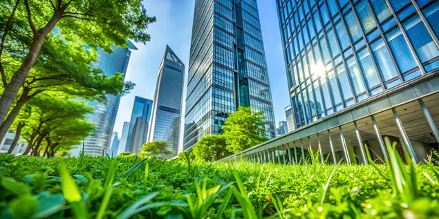 Visual Kehijauan dengan Bangunan Tinggi Kaca, Berfokus pada Tanah 4K kertas dinding