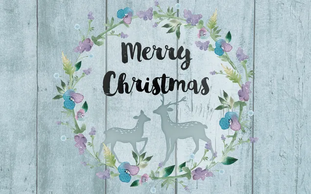 Greeting card on wooden board decorated with flowers and deer prepared for the new year 2K wallpaper