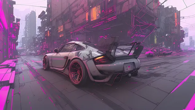 Grey Porsche & pink track 4K wallpaper