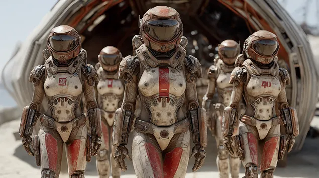 Gruppe von Astronauten in abgenutzten Sci-Fi-Raumanzügen 2K Hintergrundbild