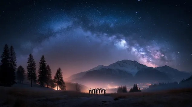 Grup nën qiellin me yje në peizazhin malor të natës 2K sfond