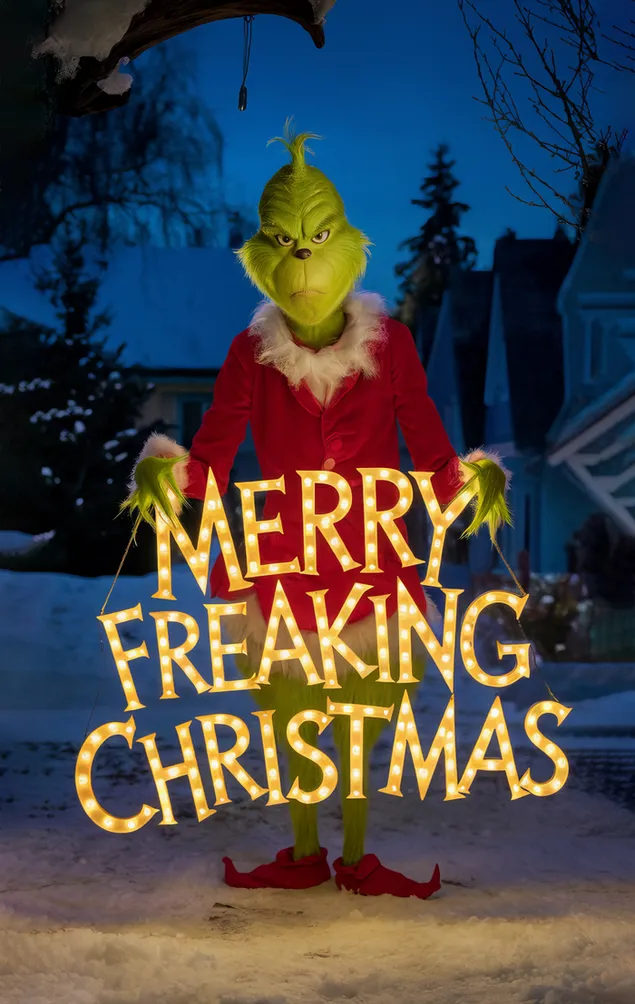 mrzovoljni grinch drzi lampice 'merry freaking christmas' preuzmi