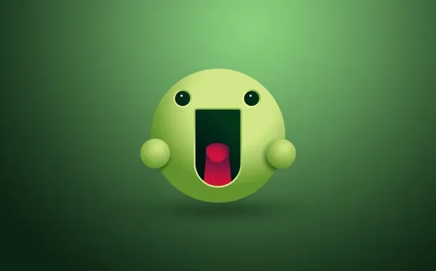 Grüner, runder Charakter, der seine rote Zunge vor einem dunkelgrünen Hintergrund herausstreckt herunterladen