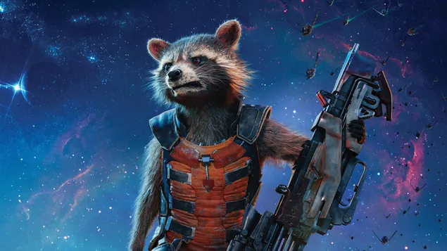 Guardians of the galaxy movie animal Rocket with a big gun in her hand to experience colorful lights and action 4K wallpaper