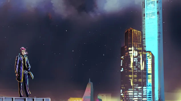 Tip stoji na krovu zgrade usred noći 4K pozadina