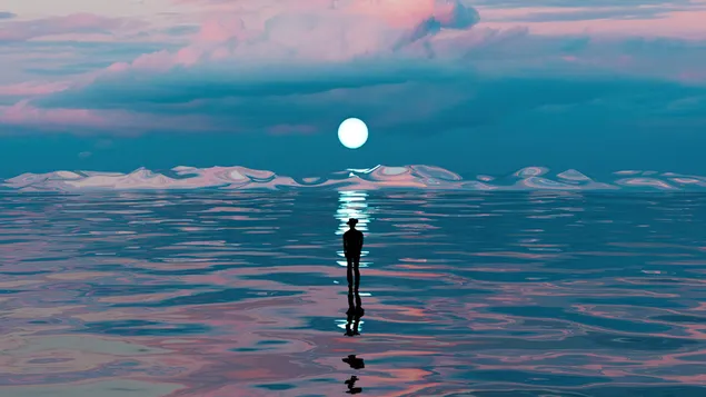 กายยืนเหนือน้ำและดูเงาพระจันทร์ 4K วอลเปเปอร์