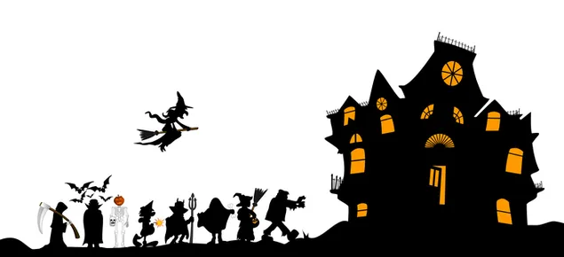 Halloween creatures going inside a haunted house download