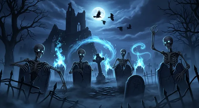 Halloween-Friedhofsszene: leuchtende Skelette, Vollmond und verwunschene Ruinen 2K Hintergrundbild