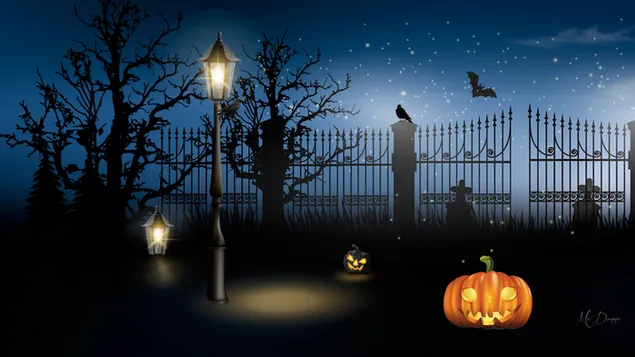 Halloween-kerkhof met lantaarns download