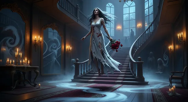 descarcare fantoma din noaptea de halloween: o mireasa spectrala bantuie o scara grandioasa in mijlocul unei ceti involburate