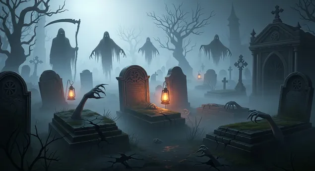 Halloween-Nacht auf einem verwunschenen Friedhof mit Sensenmann, Geistern und aufsteigenden Zombiehänden unter einem mystischen Nebel. 2K Hintergrundbild