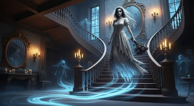 halloween-yo: aavemainen morsian ja haamut kummittelevat kynttilanvalossa valaistun kartanon portaikossa ja luovat aavemaisen tarinan. lataa