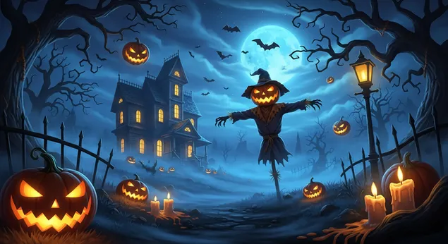 Scena za Noć vještica s ukletom kućom, nasmiješenim bundevama i strašilom pod punim mjesecom. 2K pozadina