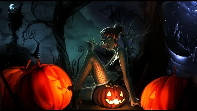 Calabaza de halloween y chica anime HD fondo de pantalla