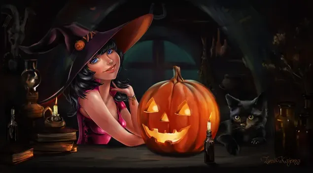 Halloween-pompoen met heks en kat