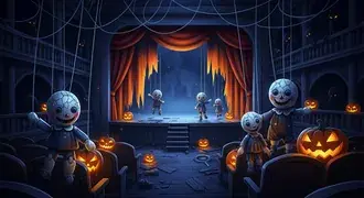 Halloween-Poppentheater: Grujeleg Marionetten a liichtend Jack-o'-Lanternen verfollegen en grujelegen Theater 2K Tapeten