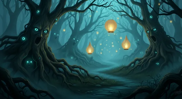 万圣节的怪异拥抱：幽灵蜡烛照亮了通往阴暗恐怖的闹鬼地牢之路。 2K 壁纸