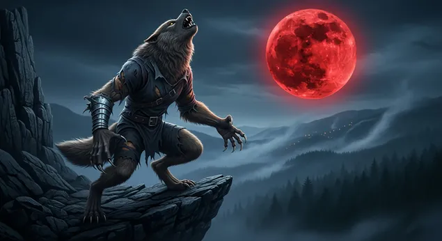 halloween-toneel: monsteragtige weerwolf wat huil onder 'n bloedrooi maan aflaai