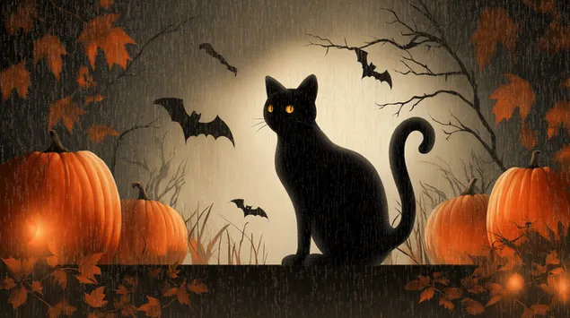 prezemete stsena za nokjta na veshterkite so machki i tikvi vo fantazijata ,,dozhdliva vecher''