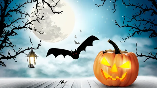 Halloween vleermuis en pompoen bij nacht