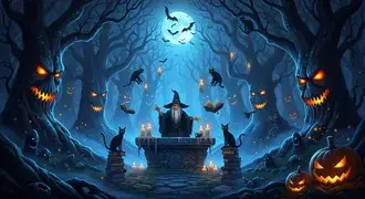 Halloween Wizard's Ritual in a Spooky Forest with Jack-o'-lanterns 2K wallpaper