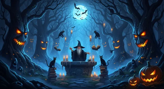 Tapeta Halloweenský čarodejnícky rituál v strašidelnom lese s jack-o'-lanterns 2K