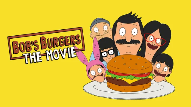 Hamburger auf Teller mit Filmfiguren Mama, Papa und Kindern im Animationsfilm The Bobs Burgers gelber Hintergrund 2K Hintergrundbild