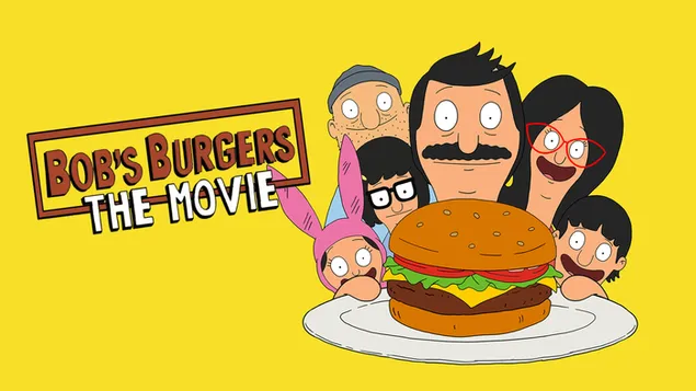 Hamburger on plate with movie characters mom, dad and kids in The Bobs Burgers animated movie yellow background